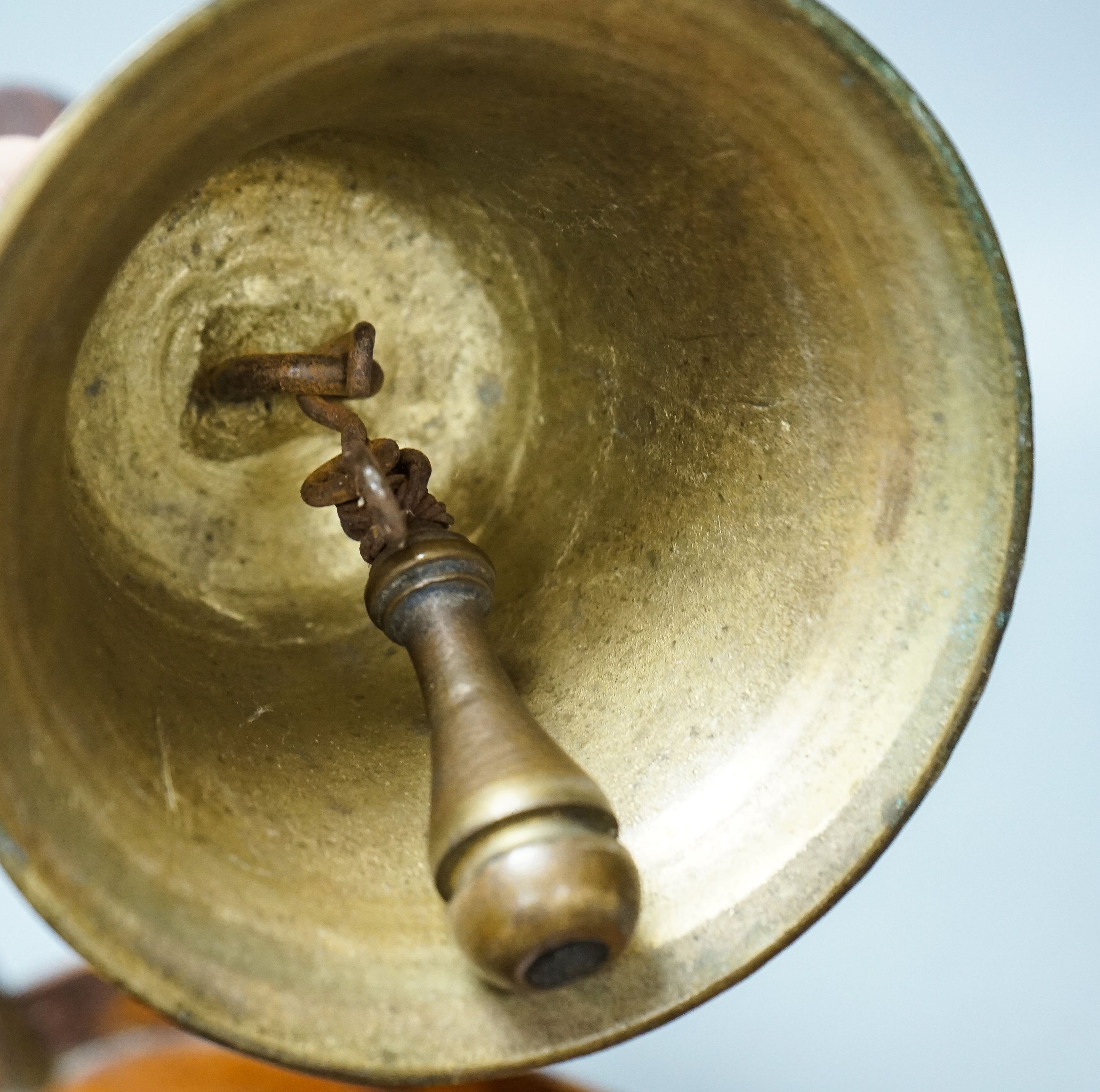 A Victorian bronze school bell, a tray and sundry items